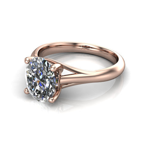 Francesca oval solitaire engagement ring in 18K Rose Gold, three-quarter perspective showing the oval center diamond, double-claw prongs, and split shank