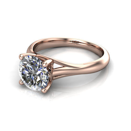 Francesca round solitaire engagement ring in 14K Rose Gold, three-quarter perspective showing the round center diamond, double-claw prongs, and split shank