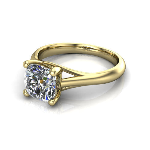 Francesca cushion-cut solitaire engagement ring in 18K Yellow Gold, three-quarter perspective showing the cushion-cut center diamond, double-claw prongs, and split shank