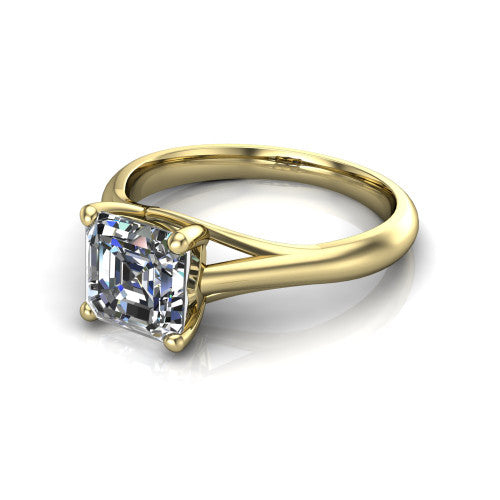 Francesca square emerald-cut solitaire engagement ring in 14K Yellow Gold, three-quarter perspective showing the square emerald-cut center diamond, double-claw prongs, and split shank
