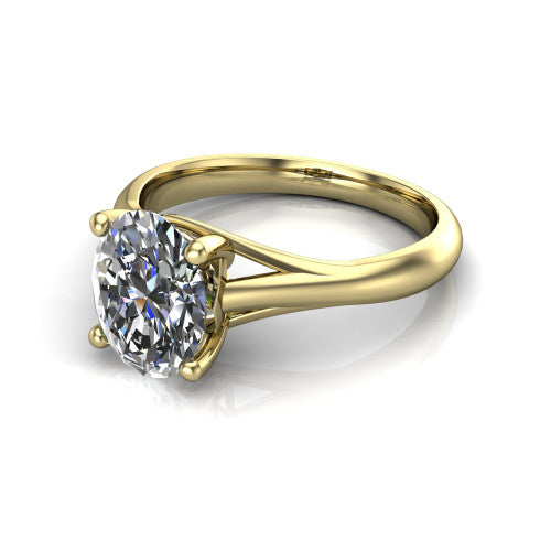Francesca oval solitaire engagement ring in 18K Yellow Gold, three-quarter perspective showing the oval center diamond, double-claw prongs, and split shank