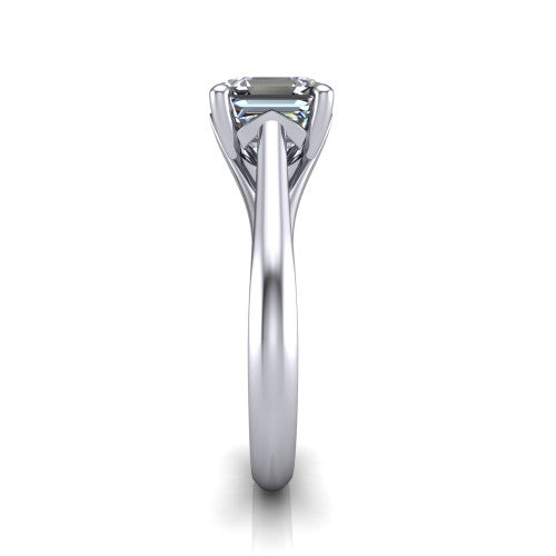 Francesca square emerald-cut solitaire engagement ring in 18K White Gold, side profile showing the split shank and openwork gallery