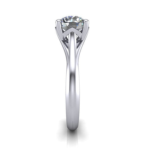 Francesca round solitaire engagement ring in Platinum, side profile showing the split shank and openwork gallery