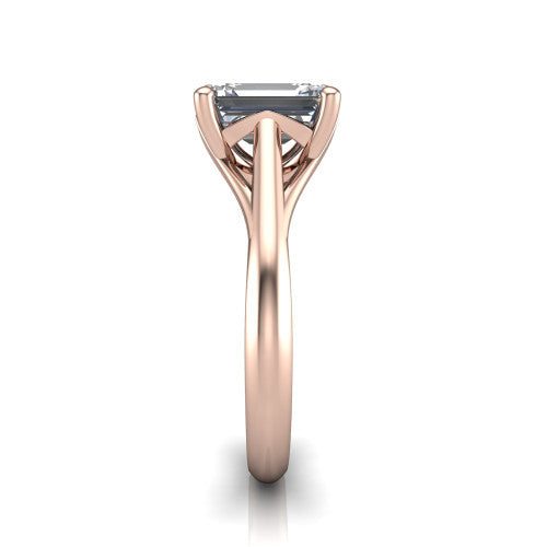 Francesca emerald-cut solitaire engagement ring in 14K Rose Gold, side profile showing the split shank and openwork gallery