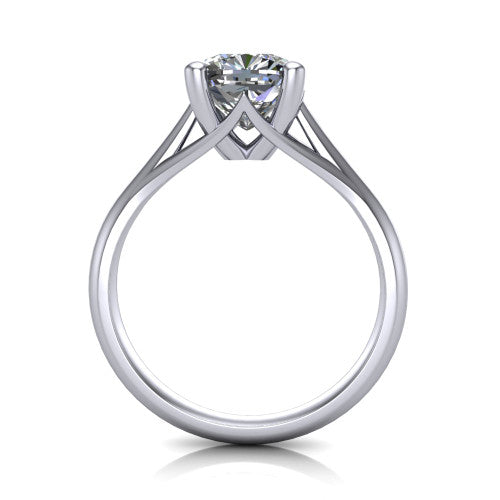 Francesca cushion-cut solitaire engagement ring in Platinum, through-finger front profile showing the trellis diamond-shaped gallery