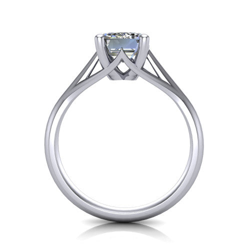 Francesca emerald-cut solitaire engagement ring in Platinum, through-finger front profile showing the trellis diamond-shaped gallery
