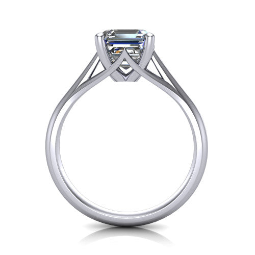 Francesca square emerald-cut solitaire engagement ring in Platinum, through-finger front profile showing the trellis diamond-shaped gallery