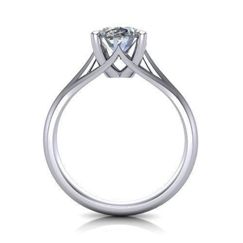 Francesca oval solitaire engagement ring in Platinum, through-finger front profile showing the trellis diamond-shaped gallery
