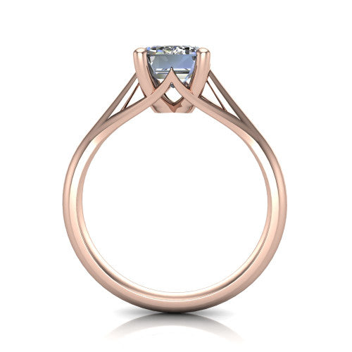 Francesca emerald-cut solitaire engagement ring in 18K Rose Gold, through-finger front profile showing the trellis diamond-shaped gallery