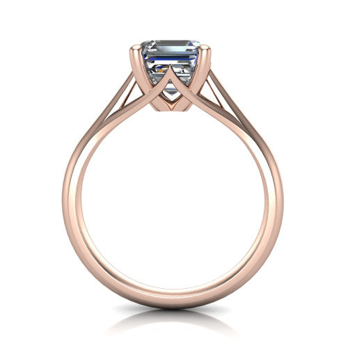 Francesca square emerald-cut solitaire engagement ring in 18K Rose Gold, through-finger front profile showing the trellis diamond-shaped gallery