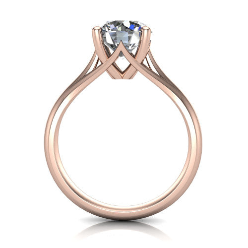 Francesca round solitaire engagement ring in 14K Rose Gold, through-finger front profile showing the trellis diamond-shaped gallery