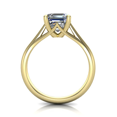 Francesca square emerald-cut solitaire engagement ring in 18K Yellow Gold, through-finger front profile showing the trellis diamond-shaped gallery