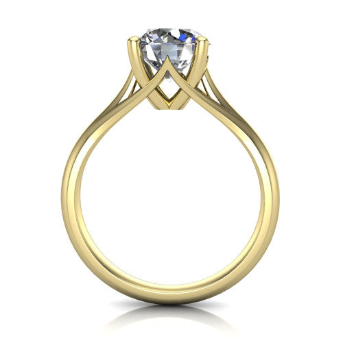 Francesca round solitaire engagement ring in 14K Yellow Gold, through-finger front profile showing the trellis diamond-shaped gallery