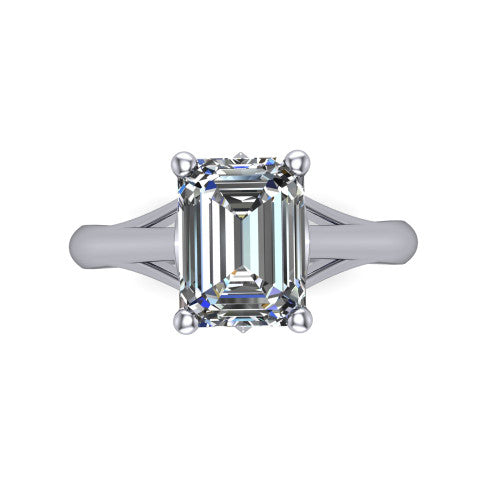 Francesca emerald-cut solitaire engagement ring in 18K White Gold, top-down view showing the emerald-cut center diamond and the split shank