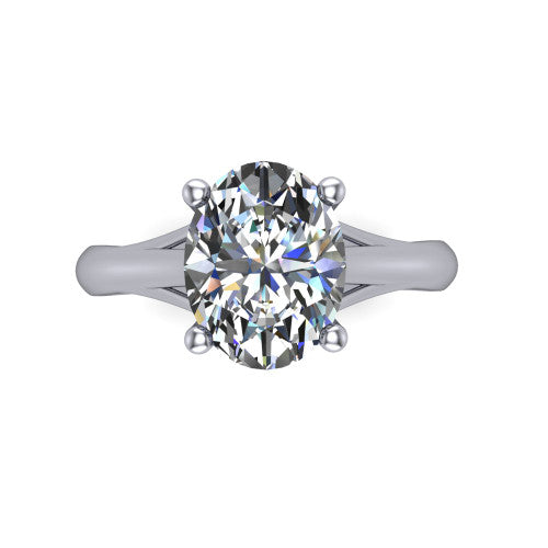 Francesca oval solitaire engagement ring in 18K White Gold, top-down view showing the oval center diamond and the split shank