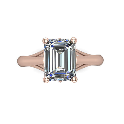 Francesca emerald-cut solitaire engagement ring in 18K Rose Gold, top-down view showing the emerald-cut center diamond and the split shank