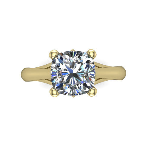 Francesca cushion-cut solitaire engagement ring in 18K Yellow Gold, top-down view showing the cushion-cut center diamond and the split shank