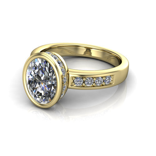 Astrid oval hidden halo engagement ring in 14K Yellow Gold, three-quarter perspective showing the bezel-set oval center diamond, hidden halo, and pavé band