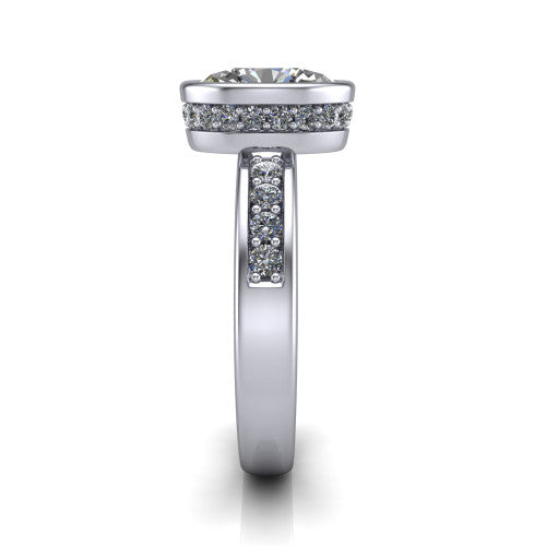 Astrid oval hidden halo engagement ring in Platinum, side profile showing the hidden halo and pavé band