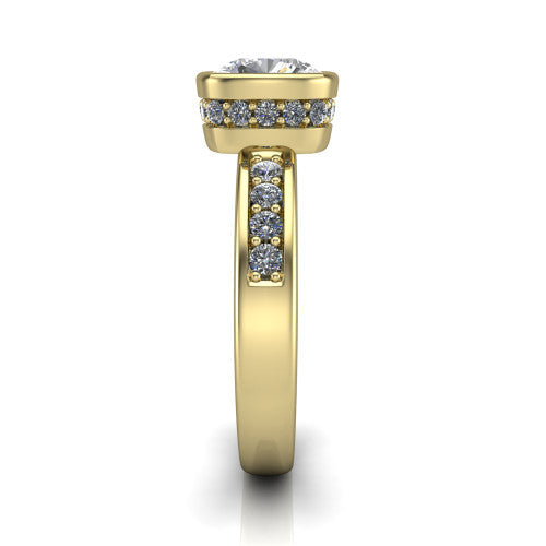 Astrid cushion-cut hidden halo engagement ring in 14K Yellow Gold, side profile showing the hidden halo and pavé band