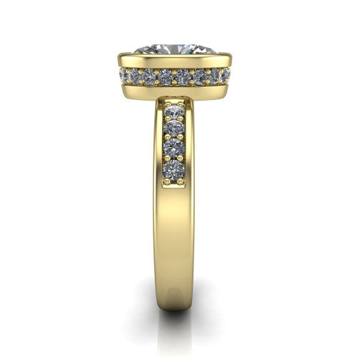 Astrid oval hidden halo engagement ring in 18K Yellow Gold, side profile showing the hidden halo and pavé band