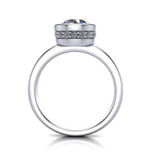 Astrid round hidden halo engagement ring in 18K White Gold, through-finger front profile showing the hidden halo beneath the bezel