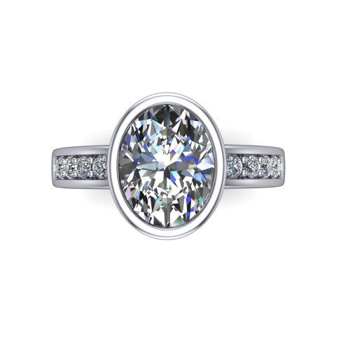Astrid oval hidden halo engagement ring in Platinum, top-down view showing the bezel-set oval center diamond and pavé shoulders