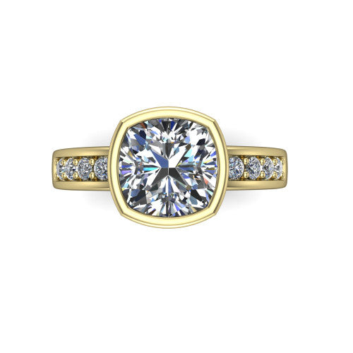 Astrid cushion-cut hidden halo engagement ring in 14K Yellow Gold, top-down view showing the bezel-set cushion-cut center diamond and pavé shoulders