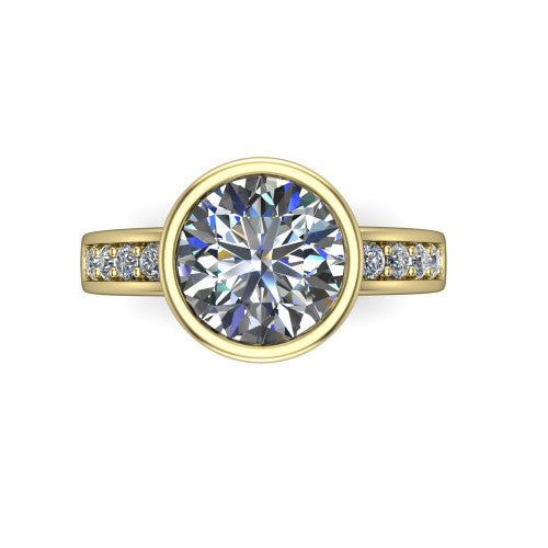 Astrid round hidden halo engagement ring in 14K Yellow Gold, top-down view showing the bezel-set round center diamond and pavé shoulders