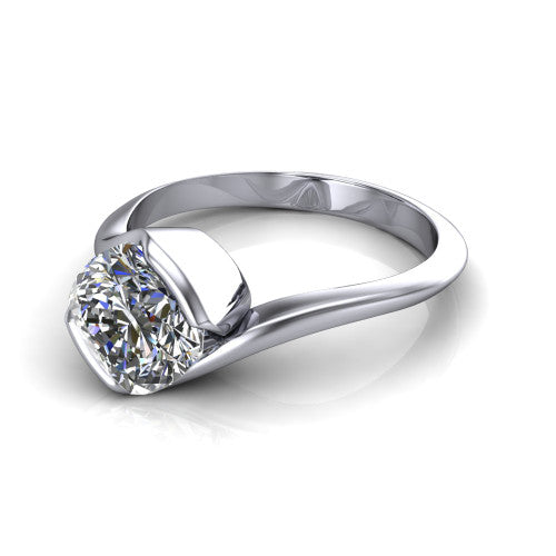 Ophelia cushion-cut bypass engagement ring in 14K White Gold, three-quarter perspective showing the cushion-cut center diamond in a pavé-accented bypass setting