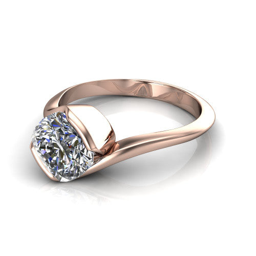 Ophelia cushion-cut bypass engagement ring in 14K Rose Gold, three-quarter perspective showing the cushion-cut center diamond in a pavé-accented bypass setting