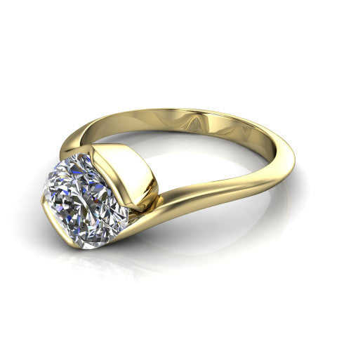 Ophelia cushion-cut bypass engagement ring in 18K Yellow Gold, three-quarter perspective showing the cushion-cut center diamond in a pavé-accented bypass setting