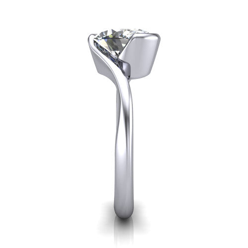 Ophelia oval bypass engagement ring in Platinum, side profile showing the swirling bypass band