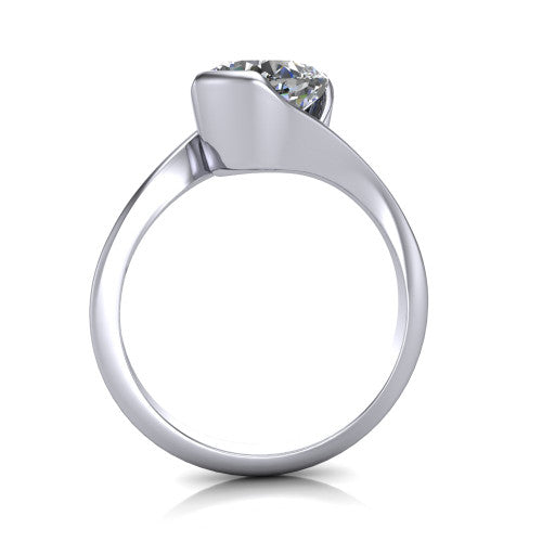 Ophelia cushion-cut bypass engagement ring in Platinum, through-finger front profile showing the open bypass setting