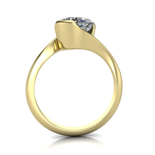 Ophelia cushion-cut bypass engagement ring in 18K Yellow Gold, through-finger front profile showing the open bypass setting