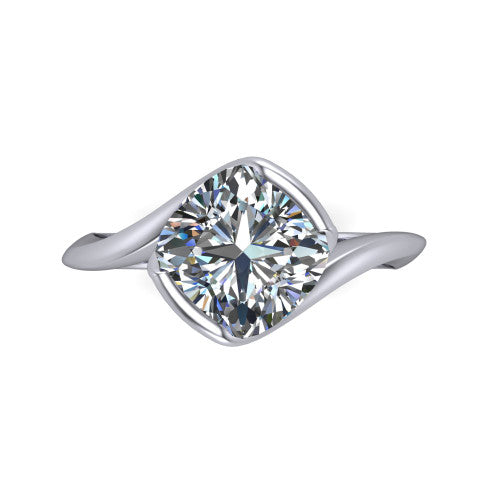 Ophelia cushion-cut bypass engagement ring in 14K White Gold, top-down view showing the cushion-cut center diamond cradled by the crossover bypass band