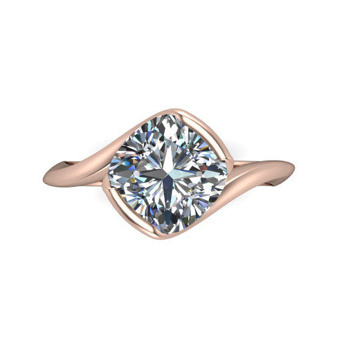 Ophelia cushion-cut bypass engagement ring in 14K Rose Gold, top-down view showing the cushion-cut center diamond cradled by the crossover bypass band