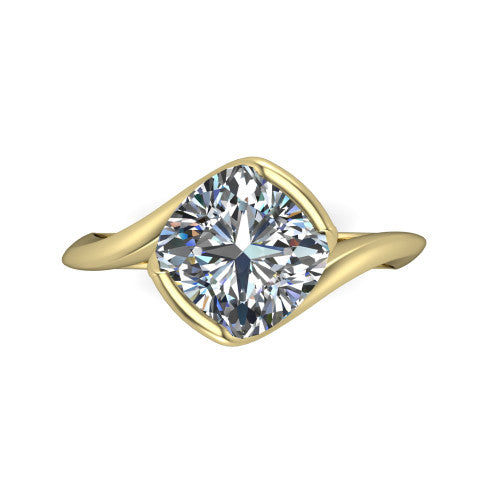 Ophelia cushion-cut bypass engagement ring in 14K Yellow Gold, top-down view showing the cushion-cut center diamond cradled by the crossover bypass band