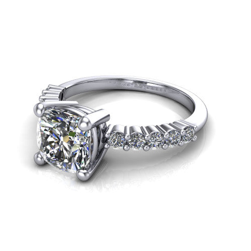 Fernanda cushion solitaire engagement ring in 18K White Gold, three-quarter perspective showing the cushion center diamond, 4-prong setting, and shared-prong pave band