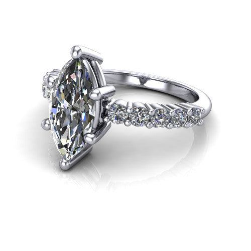 Fernanda marquise solitaire engagement ring in Platinum, three-quarter perspective showing the marquise center diamond, 4-prong setting, and shared-prong pave band