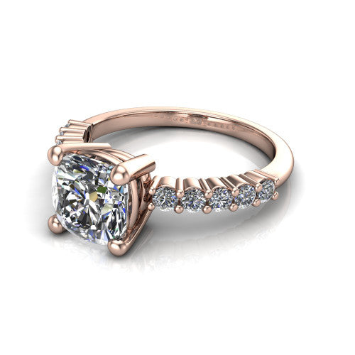 Fernanda cushion solitaire engagement ring in 14K Rose Gold, three-quarter perspective showing the cushion center diamond, 4-prong setting, and shared-prong pave band
