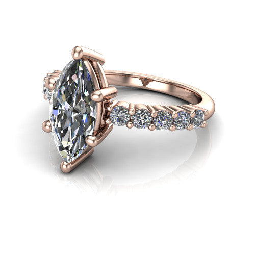 Fernanda marquise solitaire engagement ring in 18K Rose Gold, three-quarter perspective showing the marquise center diamond, 4-prong setting, and shared-prong pave band