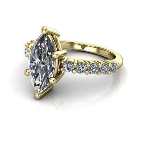 Fernanda marquise solitaire engagement ring in 18K Yellow Gold, three-quarter perspective showing the marquise center diamond, 4-prong setting, and shared-prong pave band