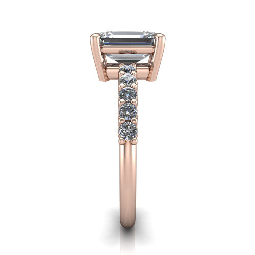 Fernanda emerald solitaire engagement ring in 14K Rose Gold, top-down view showing the emerald center diamond and pave band