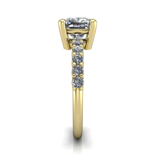 Fernanda cushion solitaire engagement ring in 14K Yellow Gold, side profile showing the 4-prong head and shared-prong pave band