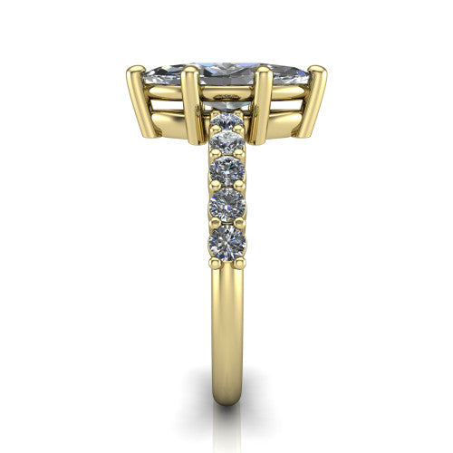 Fernanda marquise solitaire engagement ring in 14K Yellow Gold, side profile showing the 4-prong head and shared-prong pave band