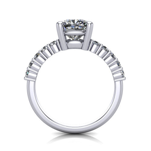 Fernanda cushion solitaire engagement ring in Platinum, through-finger front profile showing the open gallery and pave shoulders