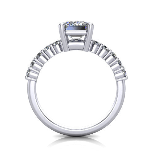 Fernanda emerald solitaire engagement ring in 18K White Gold, through-finger front profile showing the open gallery and pave shoulders