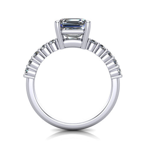 Fernanda square emerald solitaire engagement ring in 14K White Gold, through-finger front profile showing the open gallery and pave shoulders