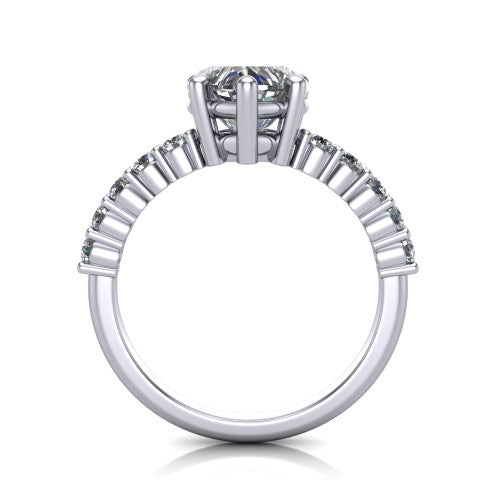 Fernanda heart solitaire engagement ring in 18K White Gold, through-finger front profile showing the open gallery and pave shoulders